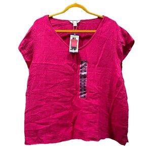 NWT Fuschia V-Neck Top Womens Size XXL Cotton Gauze Blouse Coastal Travel 3 Dots